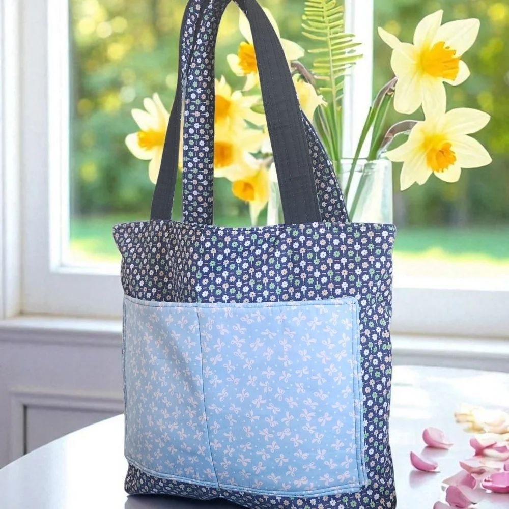 Blue and Black Polka Dot Tote Bag with Sturdy Handles